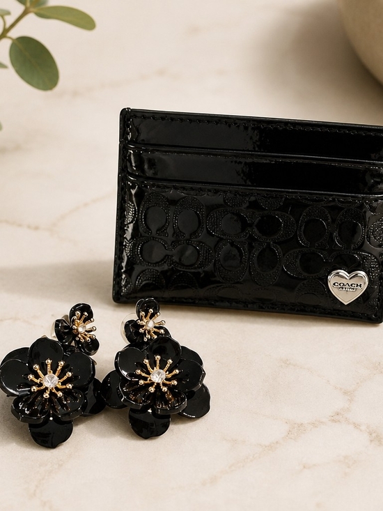 Coach Accessories - Coach Card Case Black Patent Leather & Lilly Pulitzer Onyx Moonlight Earrings